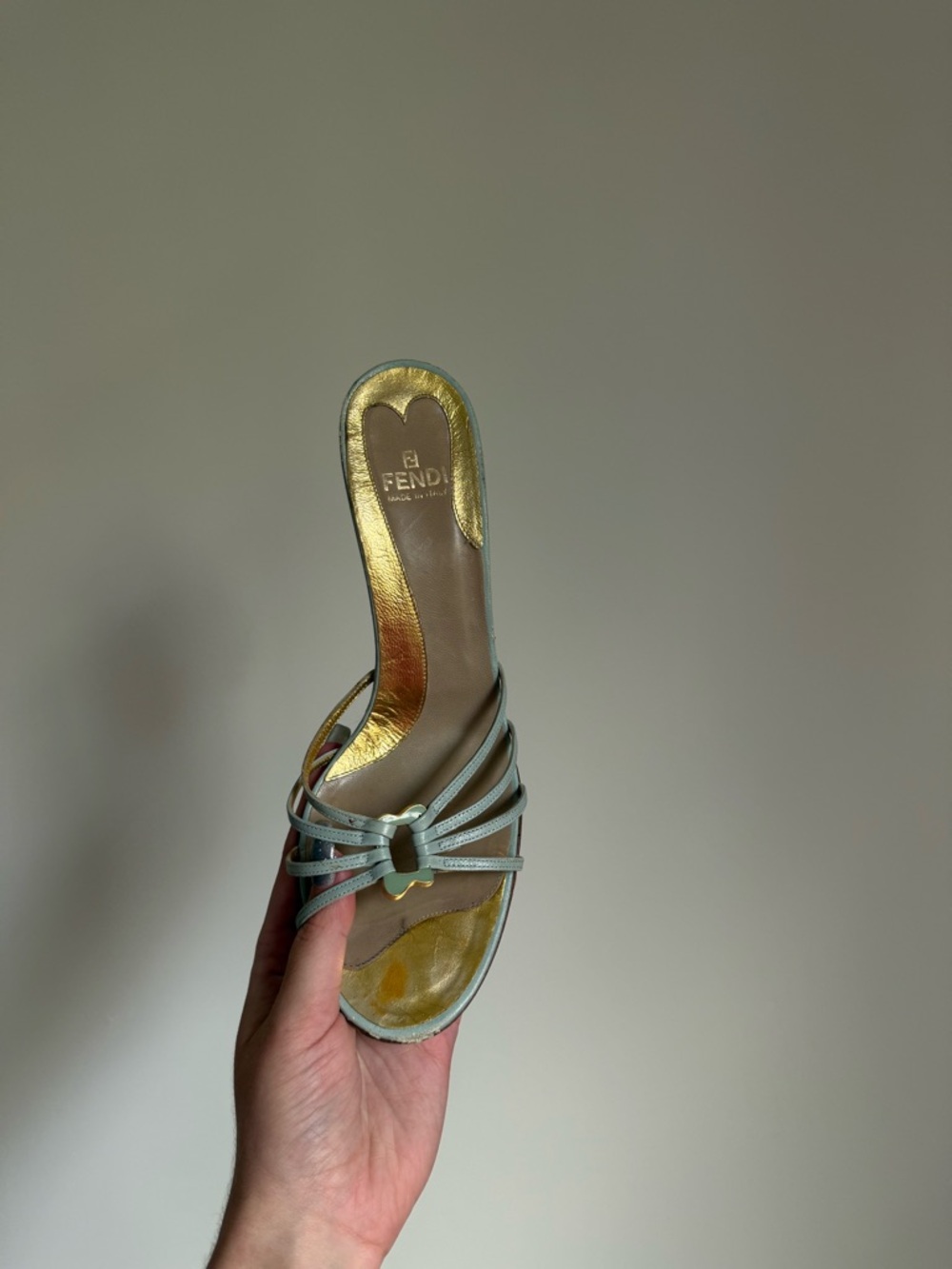 Y2K Fendi Gold and Light Blue Multi-Strap Slide Mule